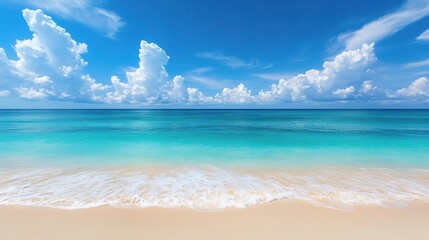 Obraz premium Tranquil Beach Escape: Serene turquoise waters gently lap against a pristine sandy shore under a vibrant blue sky dotted with fluffy white clouds. A picturesque summer paradise.