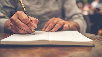 Naklejka premium A close-up of a male hand writing in a blank notebook, showcasing concentration and creativity in a cozy, warm atmosphere.