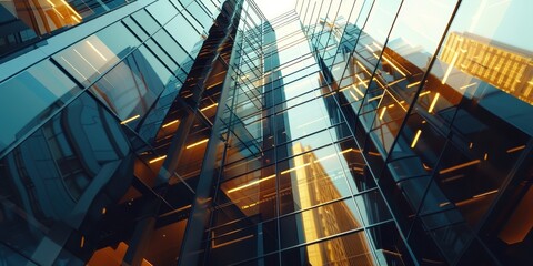 Fototapeta premium Close-up view of a modern steel and glass facade showcasing innovative architecture in an urban environment
