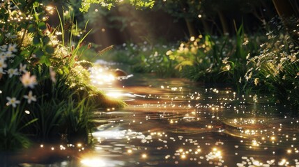 Sun dappling a tranquil stream with sparkling light.