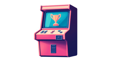 A vibrant arcade game machine featuring a trophy on the screen, perfect for retro gaming enthusiasts and pop culture themes.