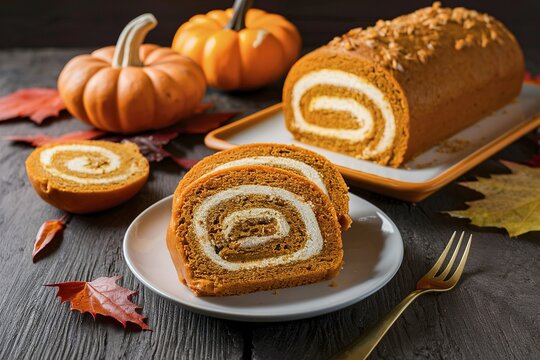 Sliced pumpkin roll cake with whole cake in background