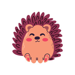 Cute smiling cartoon hedgehog seated . Adorable hedgehog cartoon character. Vector illustration isolate on white for children book ,banner and logo .