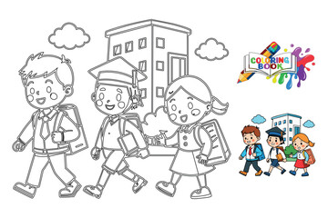 Coloring book kids going to school vector line art design.