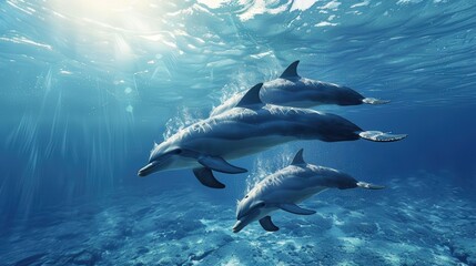 Fototapeta premium Three dolphins swimming in the ocean