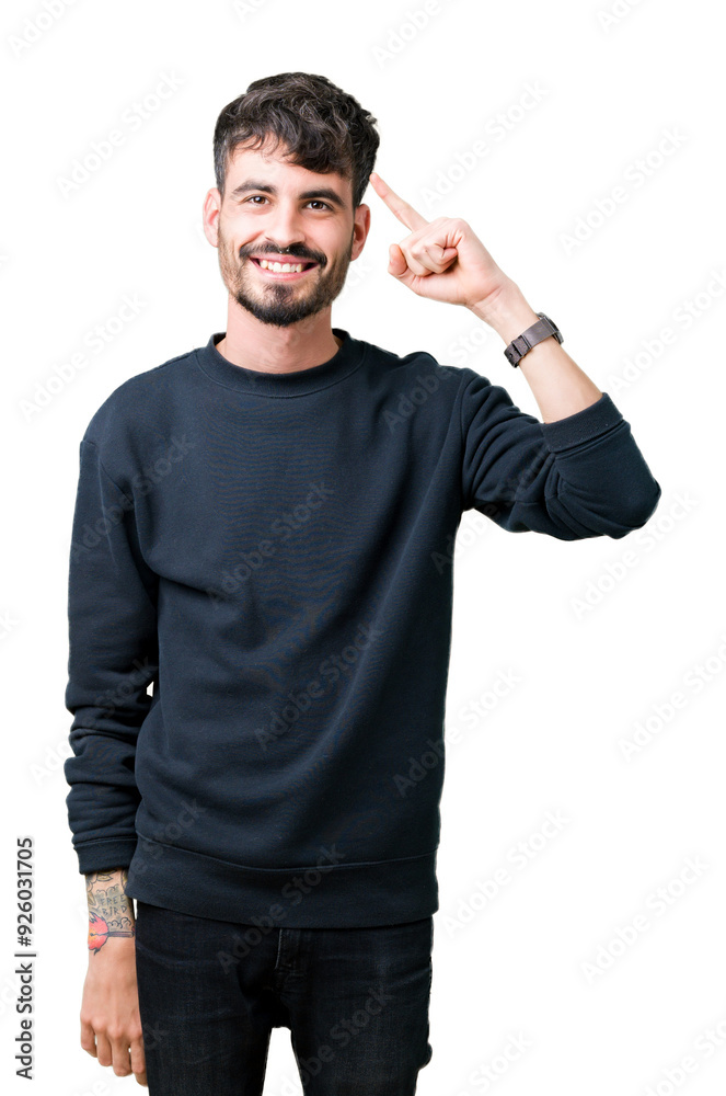 Poster Young handsome man over isolated background Smiling pointing to head with one finger, great idea or thought, good memory