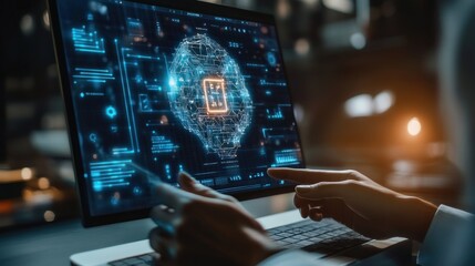 Person Interacting with Laptop Displaying Digital Data