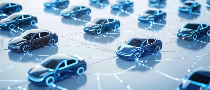 A network of cars is shown in a blue and white color scheme