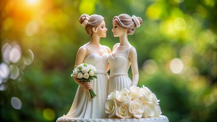 Intimate wedding cake topper featuring two endearing female figurines in elegant dresses, symbolizing eternal love, unity, and commitment.