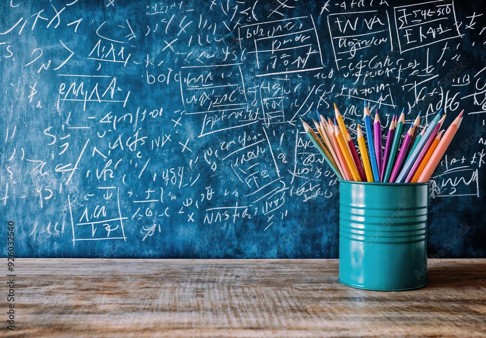 Aufkleber colour pencils are arranged in a cup on a wooden table against a messy chalkboard with math problems