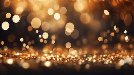 Abstract gold bokeh lights on black background.