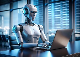 Metallic humanoid robot with glowing blue eyes and sleek mechanical limbs sits at modern desk, intensely focused on laptop screen with coding lines displayed.