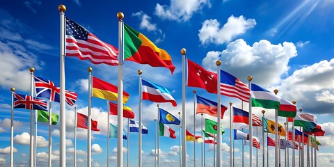 Flags of all nations of the world are flying