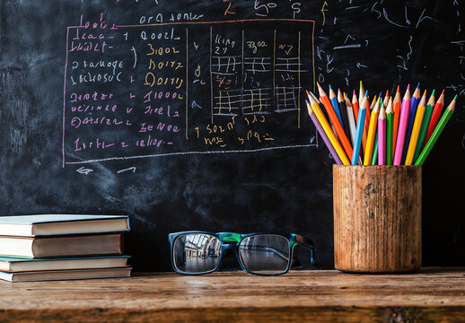 Colour pencils standing in a pencil holder on a teacher's desk with eyeglasses and books in front of a blackboard