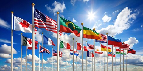 Flags of all nations of the world are flying