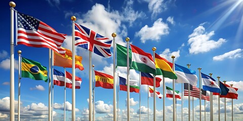 Flags of all nations of the world are flying