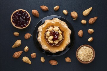 sweet turkish desert with honey and nuts, on dark background