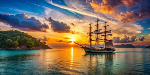 Obraz premium Vibrant sunset casts a warm glow on a majestic sailing ship navigating through calm turquoise waters, surrounded by a tranquil isolated island landscape.