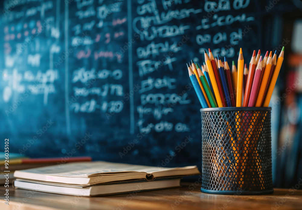 Aufkleber colorful pencils in a pen holder standing on a table with an open book and a blurred chalkboard back