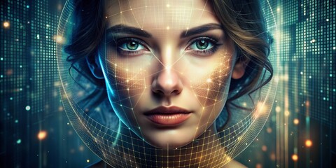 A mesmerizing portrait of a woman's face with a subtle grid overlay, blending technology and humanity, evoking a sense of digital elegance and mystique.