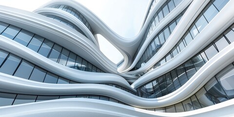 Close-up view of a modern architectural facade featuring fluid shapes and glass elements in a contemporary urban setting