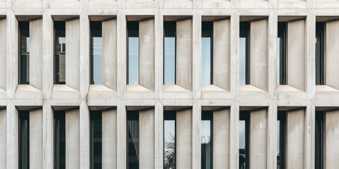 Fototapeta premium Modern architecture close-up showcasing a textured concrete facade with rhythmic window placements in an urban setting