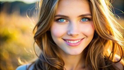 Fototapeta premium isolated close-up of a young woman's smiling face with bright blue eyes, smooth skin, and golden brown hair, against a blurred natural background.