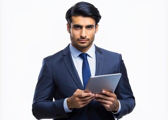Serious-faced young professional businessman holds tablet, exuding confidence and focus, isolated on transparent background, perfect for corporate, finance, and technology themes.