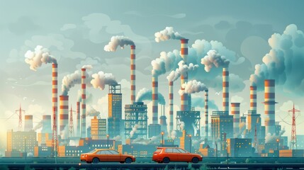 Fototapeta premium Whimsical cartoon vector of CO2 emissions from various sources like cars and factories, with a clear sky background