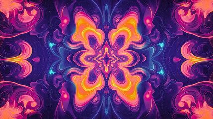 A vibrant kaleidoscope of neon swirls and cosmic dust explodes in a mesmerizing, symmetrical pattern.