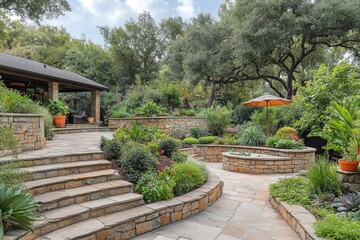 Stone steps lead to a patio with an umbrella. This photo showcases a well-designed backyard, ideal for showcasing outdoor living spaces, landscaping, and home design.