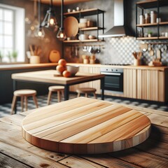 Wooden Cutting Board on a Kitchen Table with Blurred Background