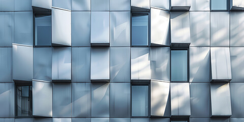 Close-up of modern architectural facade showcasing abstract geometric patterns and reflections