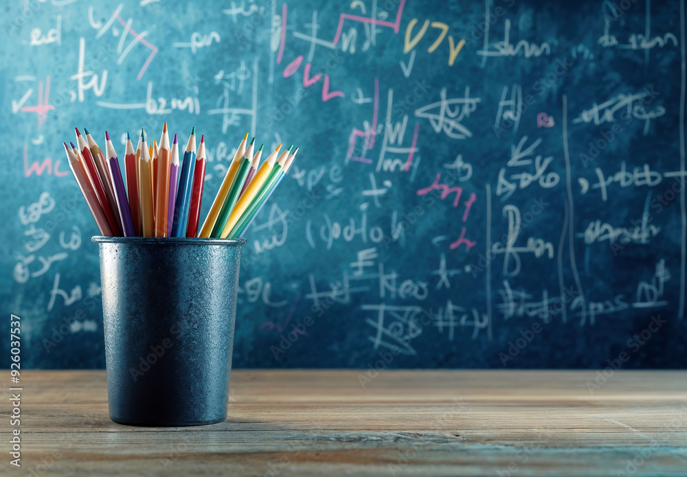 Aufkleber colorful pencils standing in a cup on a school desk in front of a blackboard background and copy spa