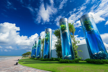 Nature Meets Art: Coastal Reflections, scenes where sleek reflective pillars, vibrant glass structures blend seamlessly with the sky, sea, lush greenery, creating a harmony of nature and art