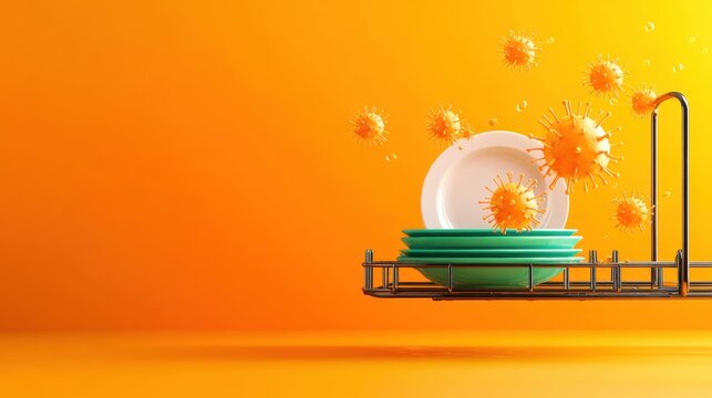Germ Infested Dish Rack: Bacteria on Wet Dishes Raises Hygiene Concerns - Flat Design Illustration