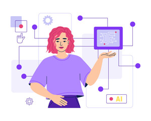 AI help woman in work, automatic business processes. Artificial intelligence for software. Innovative information technology. Testing computer chip, cpu. Isolated vector illustration