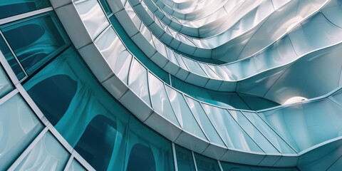Closeup of a modern architecture facade showcasing abstract design with smooth curves and reflective surfaces