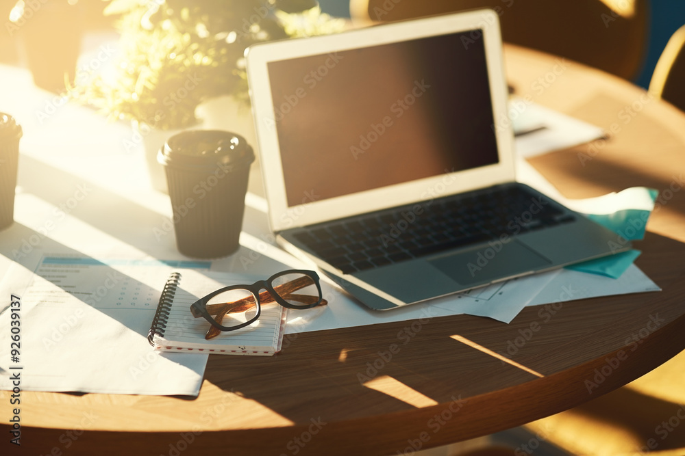 Poster laptop, screen and desk with documents in office with coffee, glasses and financial info in morning.