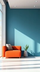 A bright and modern interior featuring an orange couch, green plant, and a stunning blue wall that enhances the spacious feel.