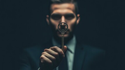 A man in a suit holds a vintage key against a dark background, symbolizing power and mystery in a captivating portrait.