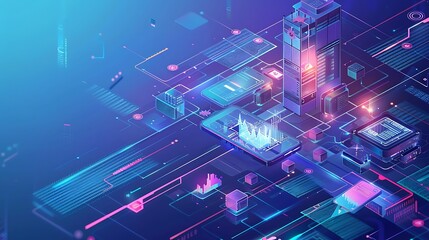 Abstract futuristic cityscape with neon lights, geometric shapes and glowing lines.