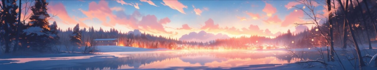 Obraz premium Enchanting Anime-Style Winter Wonderland: A Dreamy Dusk Snow Scene with Vibrant Sunset Hues for Seasonal Greetings Perfect for Gaming Art and Storybook Illustrations in 4K