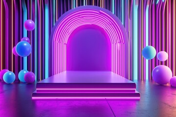 A vibrant stage setup featuring neon lights and colorful spheres, perfect for events or photo shoots.