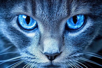 Close-up of a striking cat with piercing blue eyes, showcasing detailed fur and captivating features in a vibrant composition.