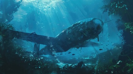 Fototapeta premium A large airplane is submerged in the ocean, surrounded by fish