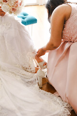 Intricate Bridal Gown and Shoes - Close-up of Wedding Morning Ritual