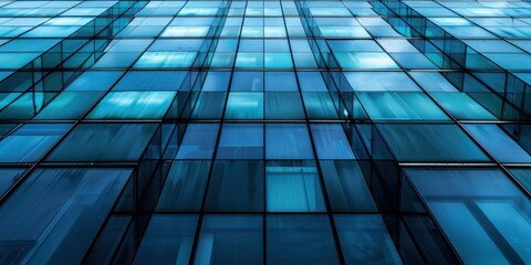 Fototapeta premium Close-up of modern architectural glass facade with blue reflections in urban environment