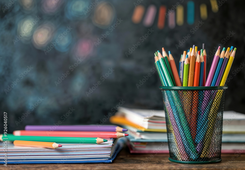 Aufkleber closeup of colorful pencils standing in a pencil holder with copy space and books on a wooden table