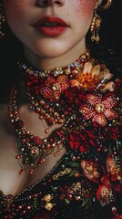 A woman wearing a necklace with flowers and a red headband
